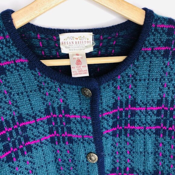 Vtg 90s SUSAN BRISTOL Dark Green Wool Button Up Plaid Cardigan Sweater S Women - Picture 2 of 5